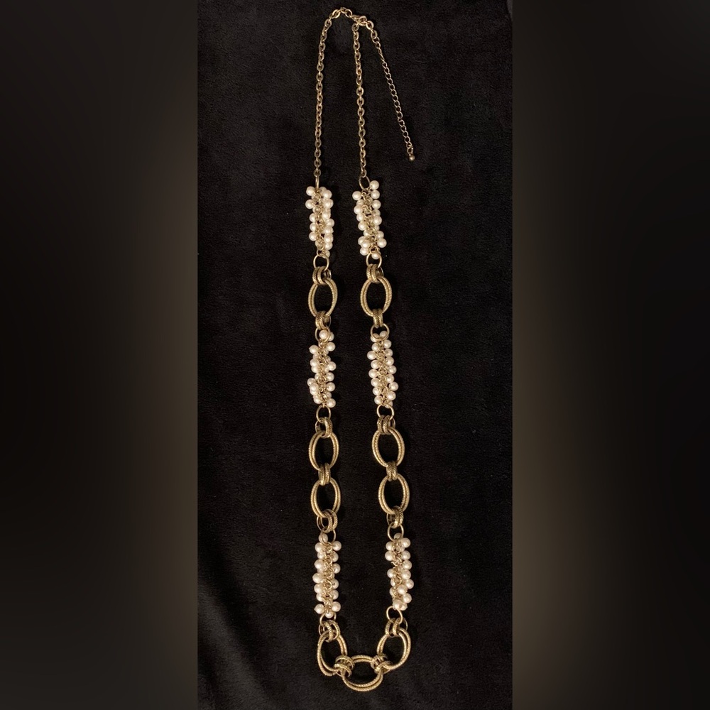 Necklace Costume Jewelry Gold Chain Link & White Pearl Bead Clusters Long